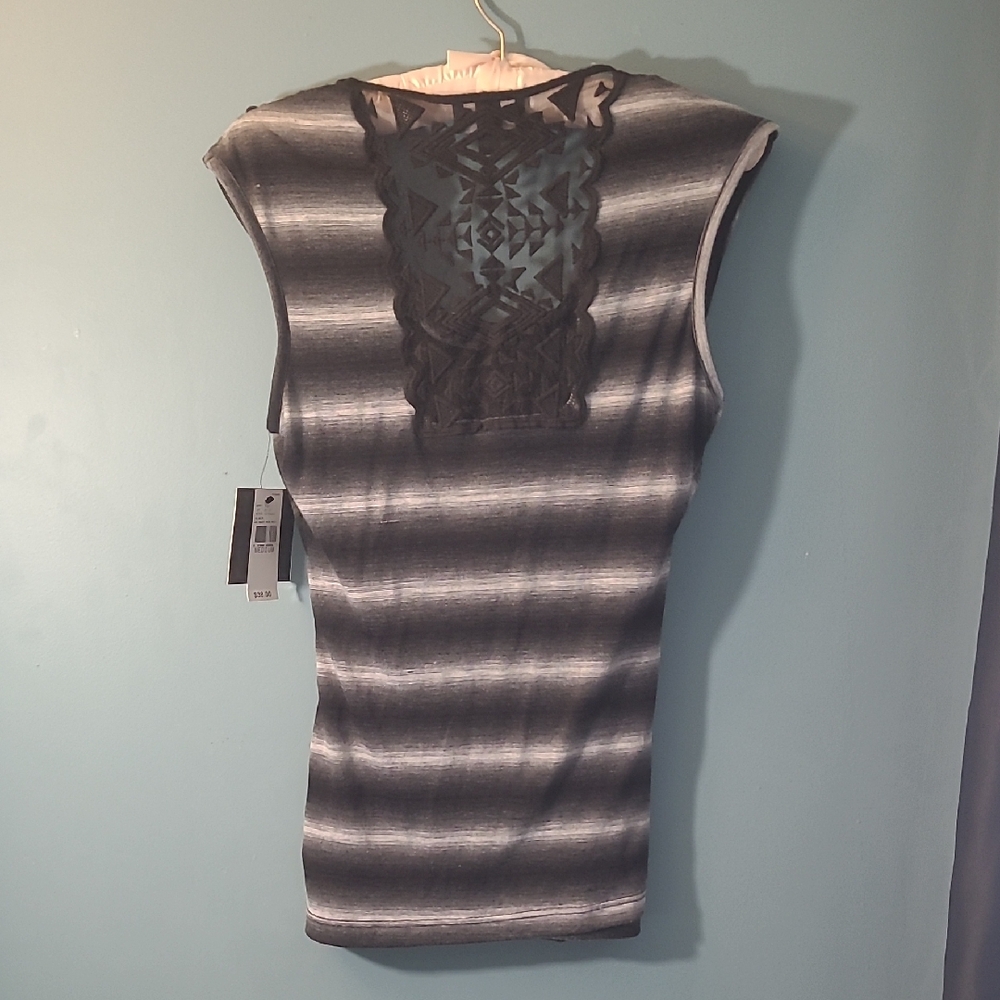 Gray Striped Sleeveless Dress with Lace Back